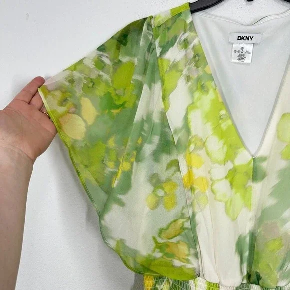 Dkny Green and Yellow Floral High Waisted  Midi Dress - Picture 10 of 11